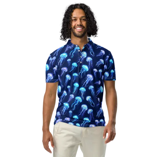 Electric Jellyfish on a Men's Slim Fit Polo Shirt
