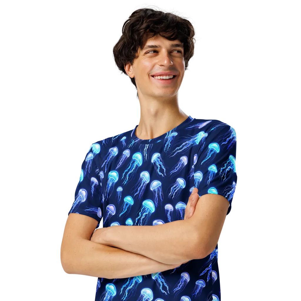 Electric Jellyfish on Men's Crew Neck T-Shirt — Left Front
