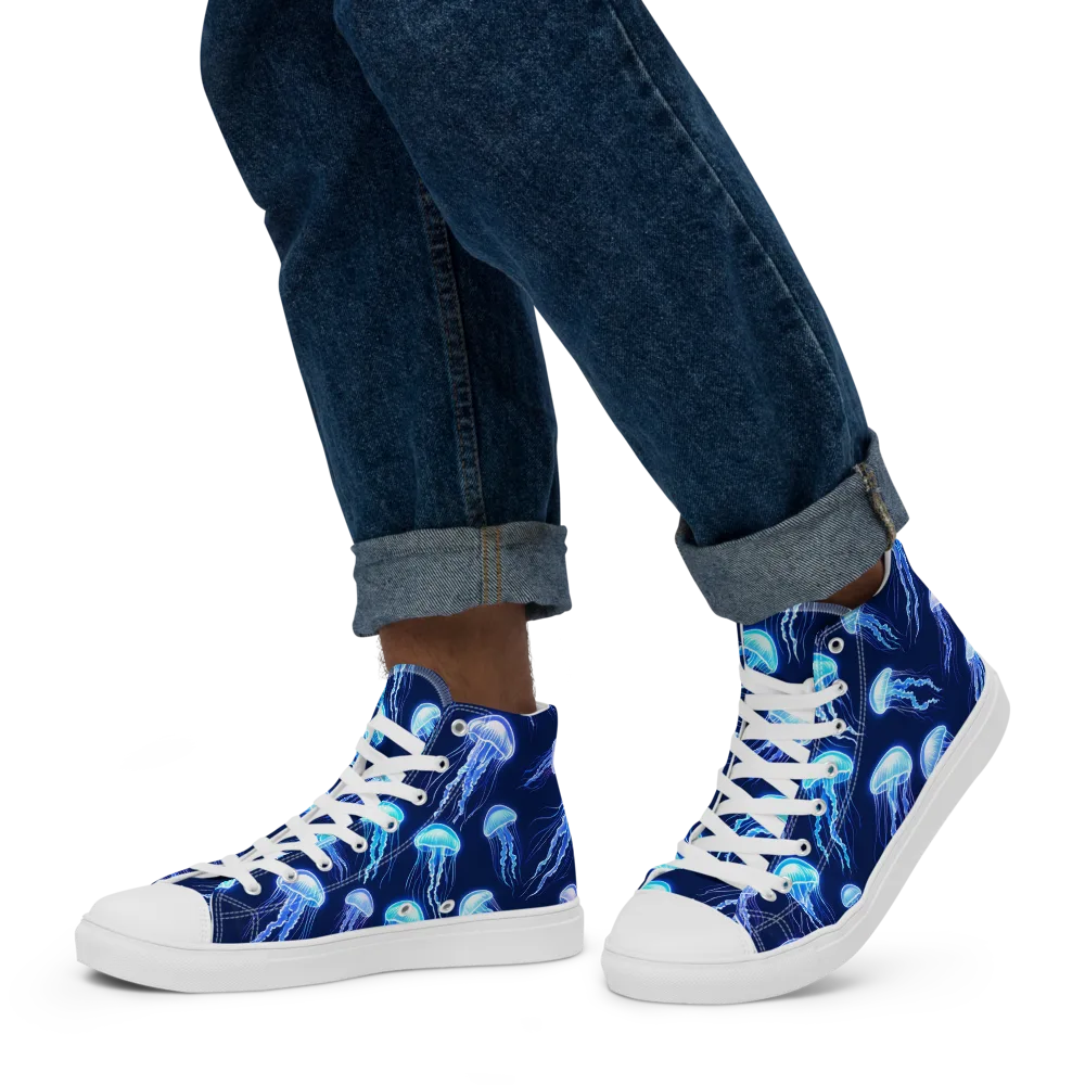 Electric Jellyfish on Men's High Top Canvas Shoes — Left
