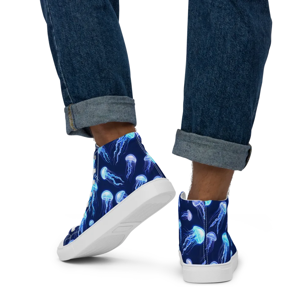 Electric Jellyfish on Men's High Top Canvas Shoes — Back