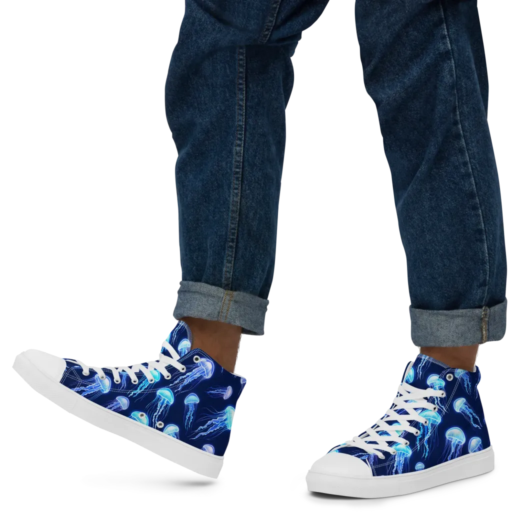 Electric Jellyfish on Men's High Top Canvas Shoes — Left