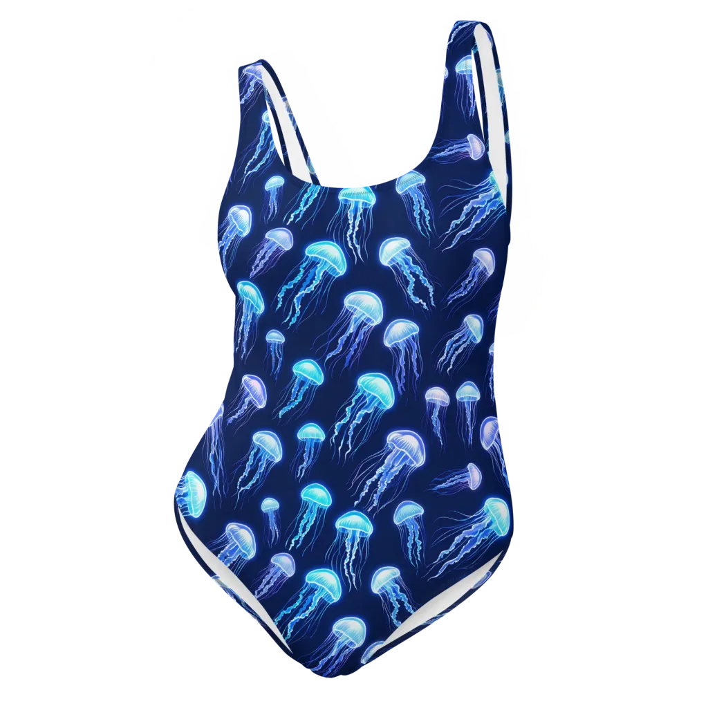 Electric Jellyfish on One-Piece Swimsuit — Front