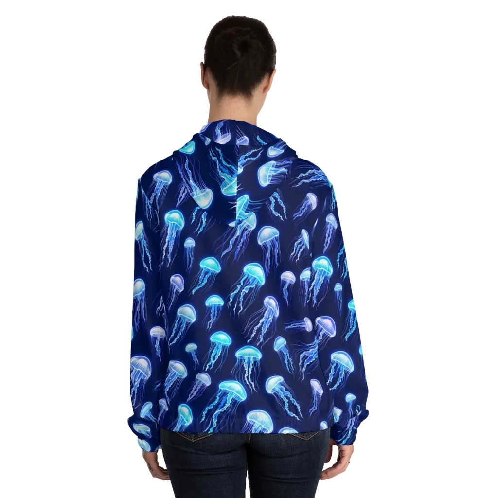 Electric Jellyfish on Women's Full-Zip Hoodie — Back On Person