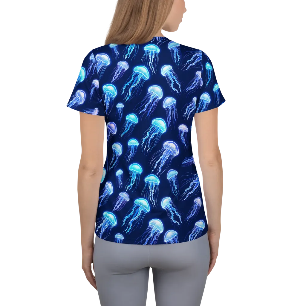 Electric Jellyfish on Women's Athletic T-Shirt — Back