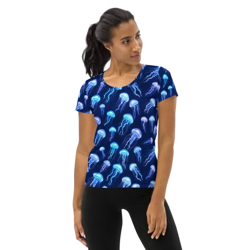 Electric Jellyfish on a Women's Athletic T-Shirt