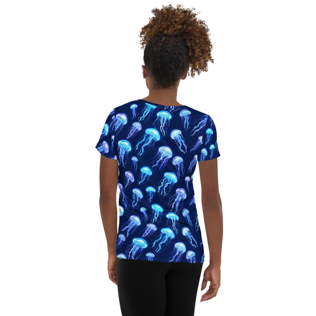 Electric Jellyfish on Women's Athletic T-Shirt — Back