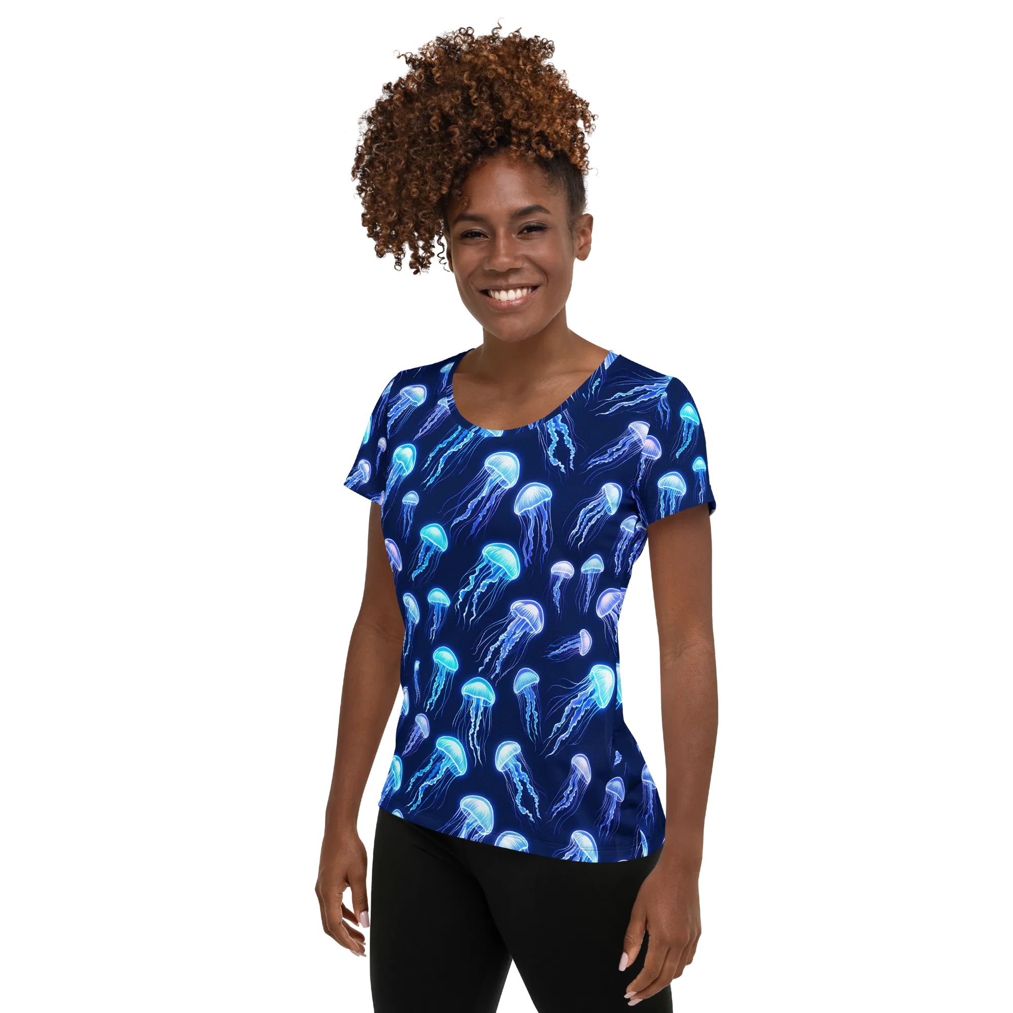Electric Jellyfish on Women's Athletic T-Shirt — Left