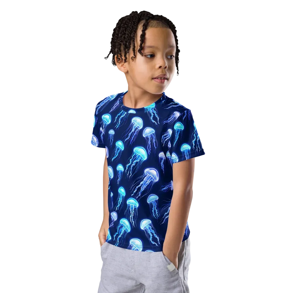 Electric Jellyfish on Kids Crew Neck T-Shirt — Left Front