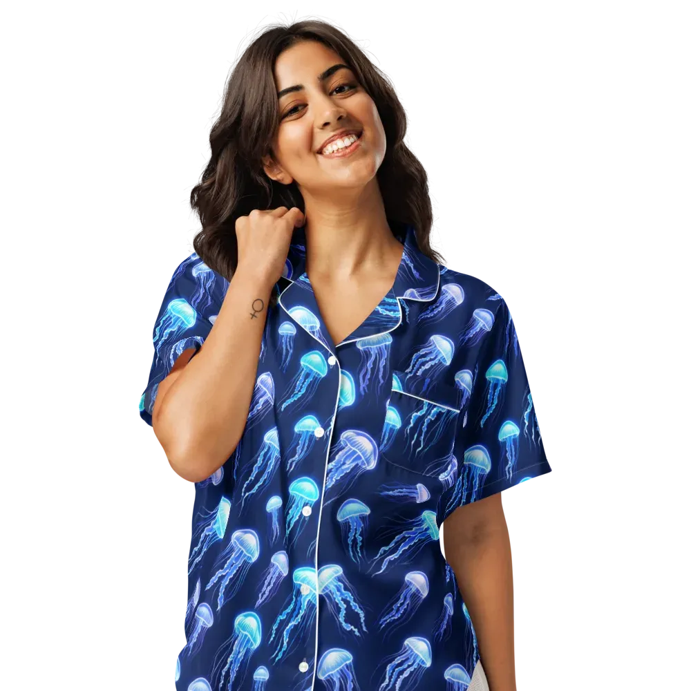 Electric Jellyfish on Women's Short Sleeve Pajama Top — Front