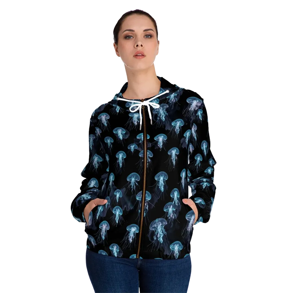 Moonlit Jellyfish on Women's Full-Zip Hoodie — Front On Person