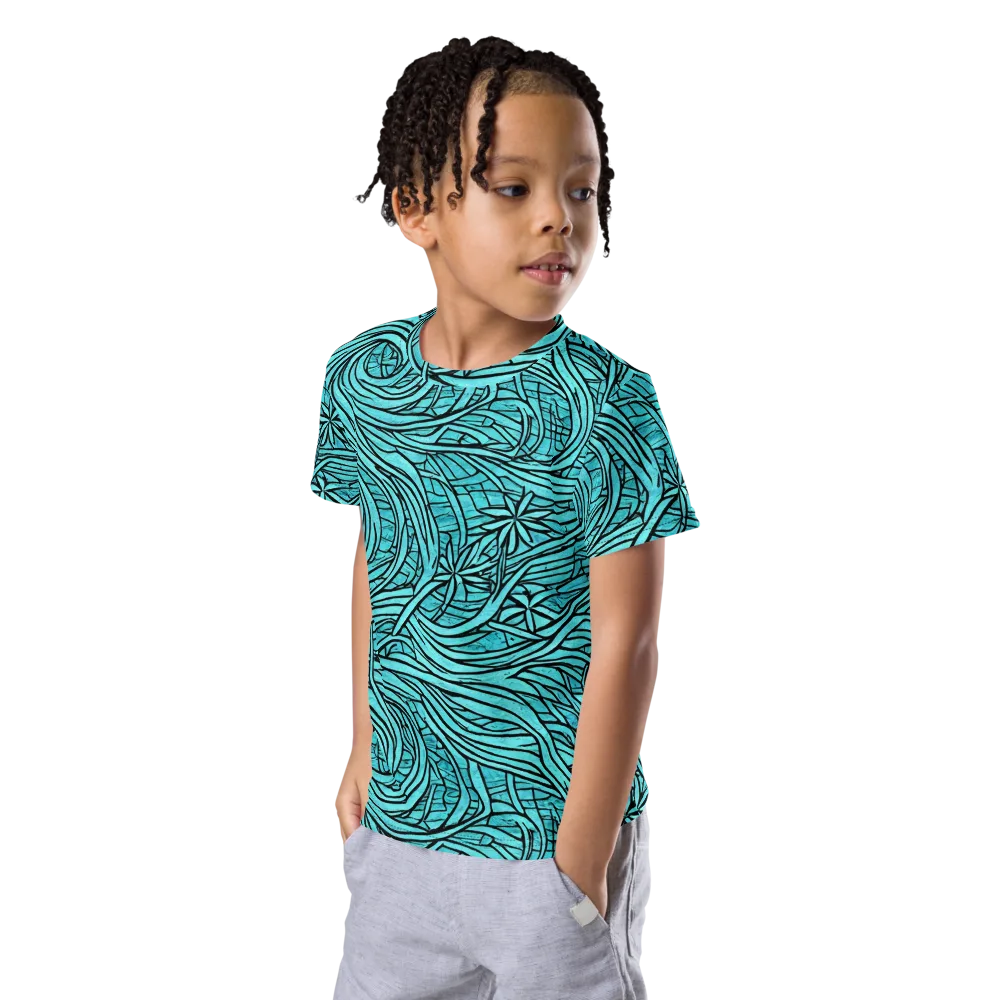 Cyan Whorl on Kids Crew Neck T-Shirt — Left Front