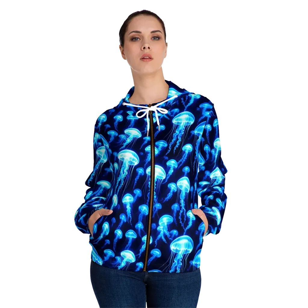 Blue Lanterns on Women's Full-Zip Hoodie — Front On Person