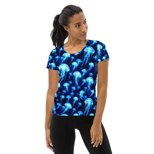 Blue Lanterns on a Women's Athletic T-Shirt