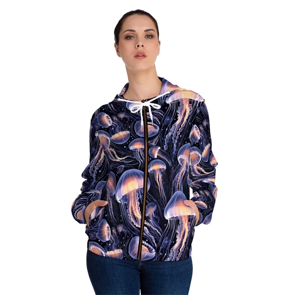 Bioluminescent Ballet on Women's Full-Zip Hoodie — Front On Person