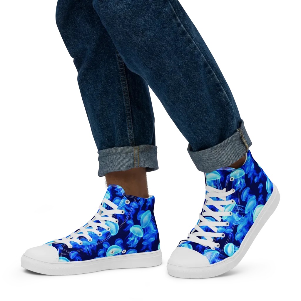 Azure Bloom on Men's High Top Canvas Shoes — Left