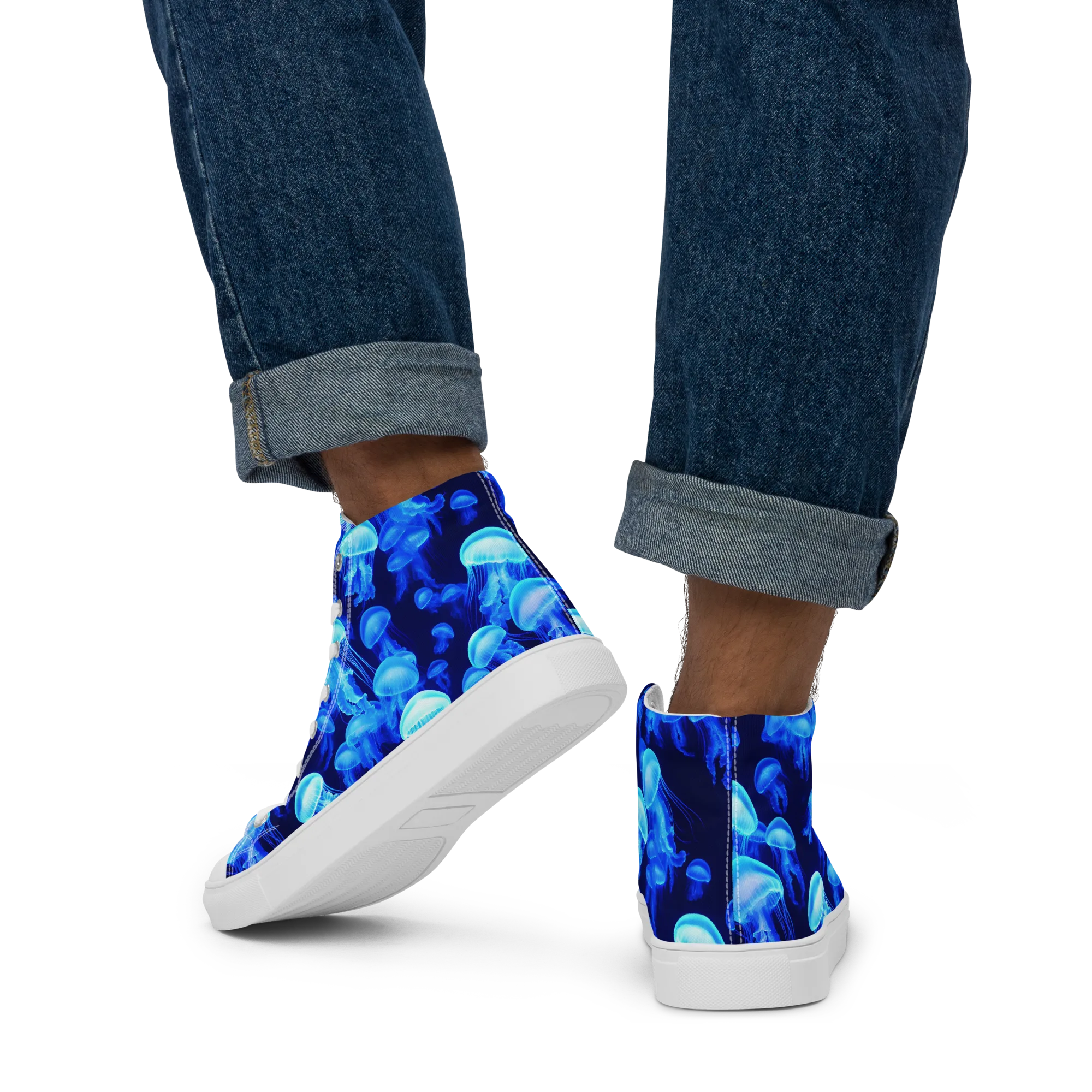 Azure Bloom on Men's High Top Canvas Shoes — Back