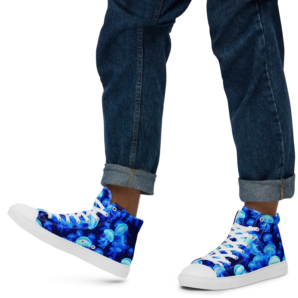 Azure Bloom on Men's High Top Canvas Shoes — Left
