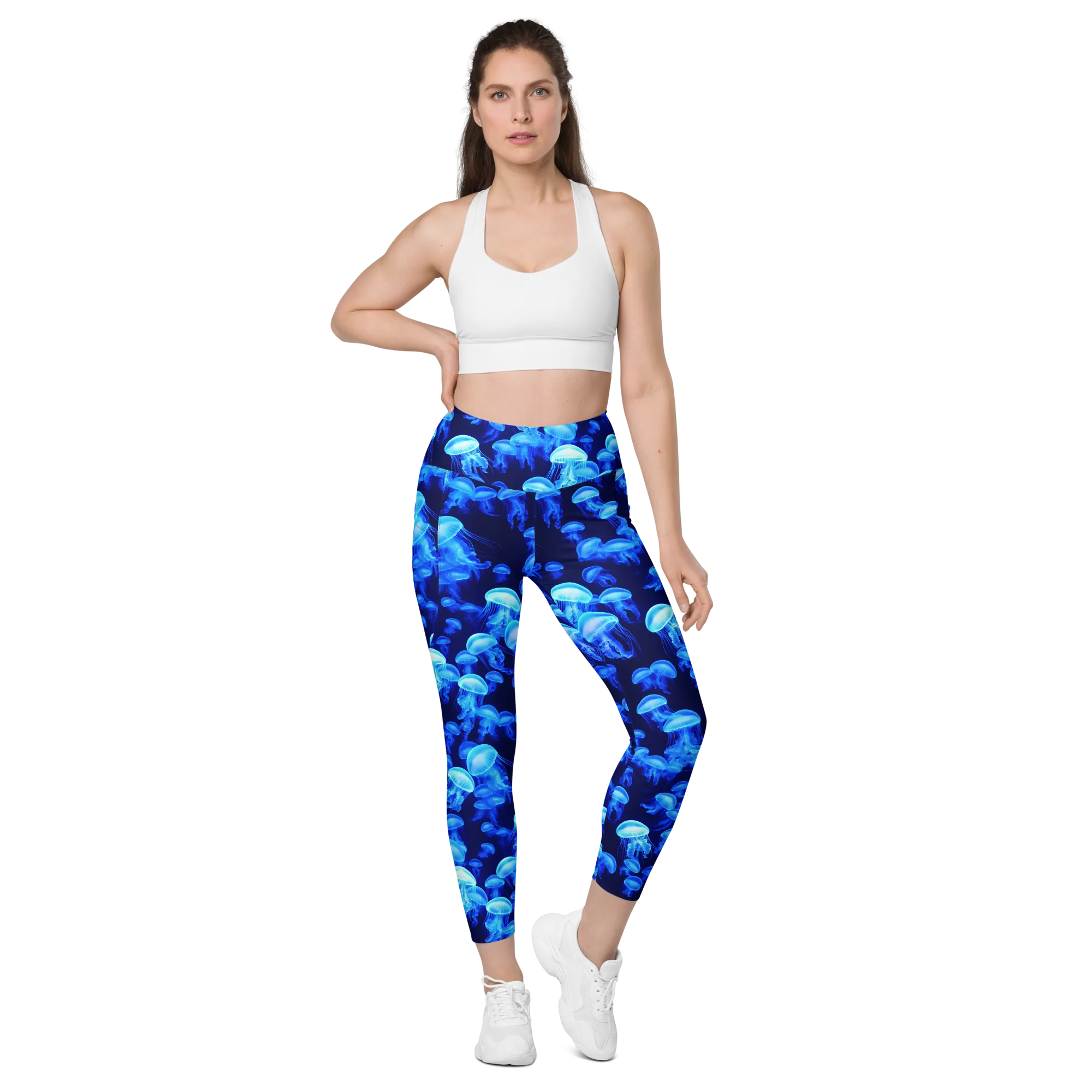 Azure Bloom on Leggings with Pockets — Front