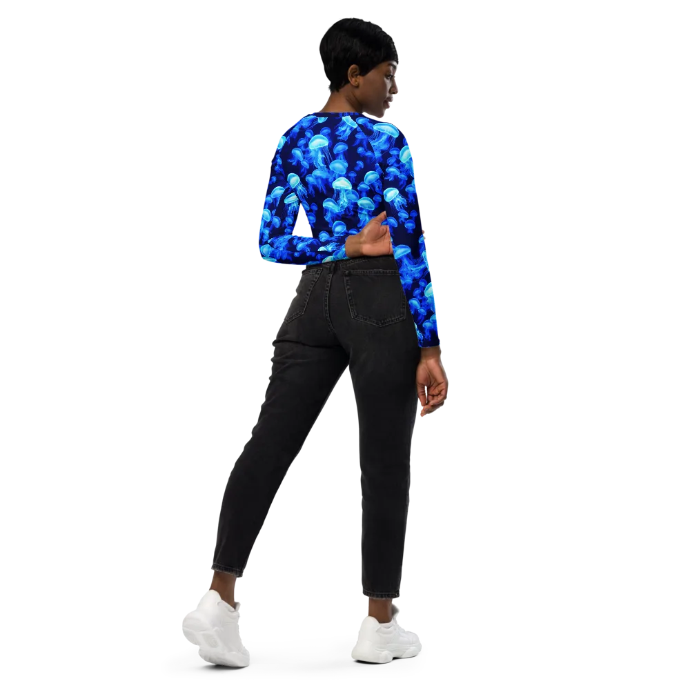 Azure Bloom on Long Sleeve Crop Top — Right Back
