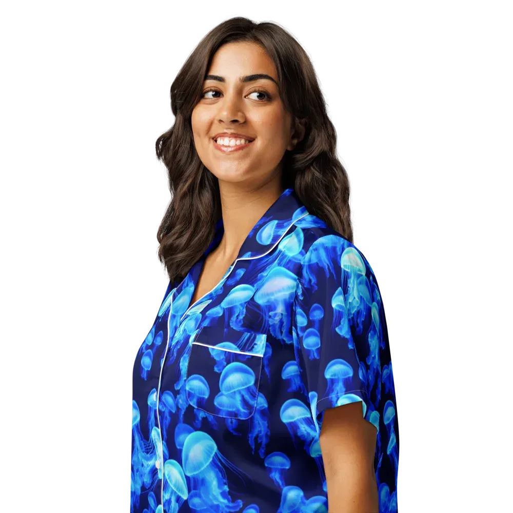 Azure Bloom on Women's Short Sleeve Pajama Top — Left Front