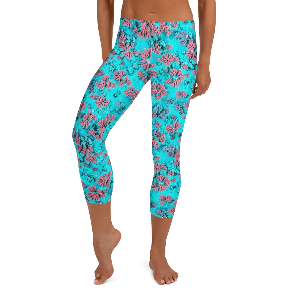 Aqua Bloom on Capri Leggings — Front
