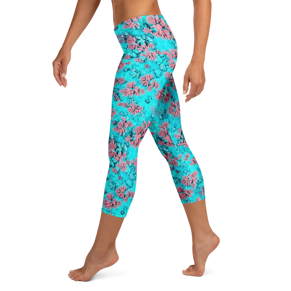 Aqua Bloom on Capri Leggings — Left