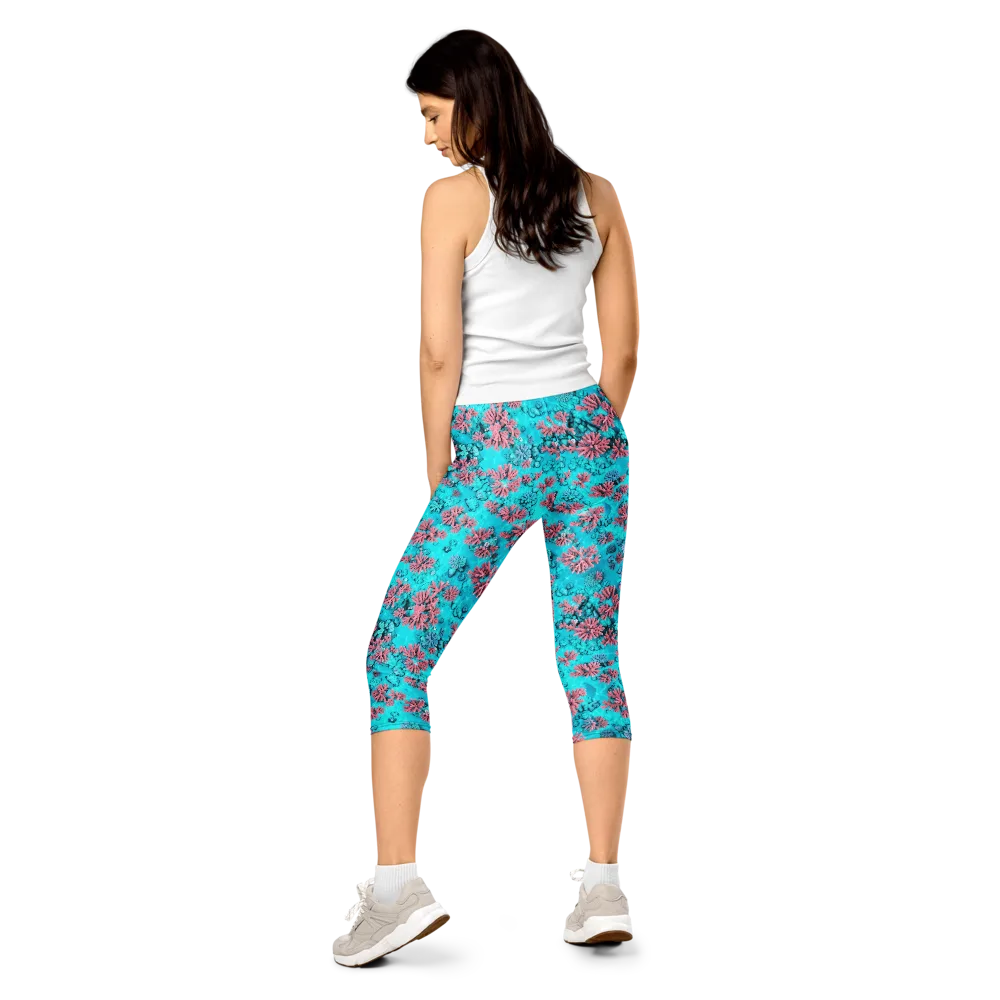 Aqua Bloom on Capri Leggings — Back