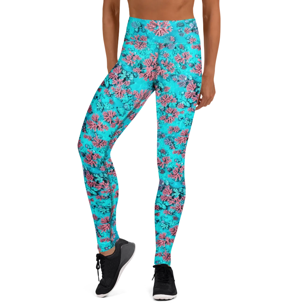 Aqua Bloom on Yoga Leggings — Front