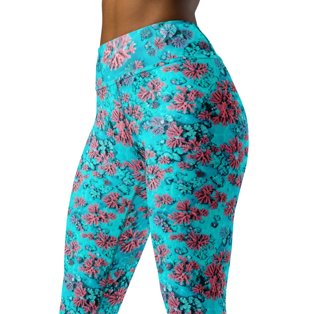 Aqua Bloom on Yoga Leggings — Left Front