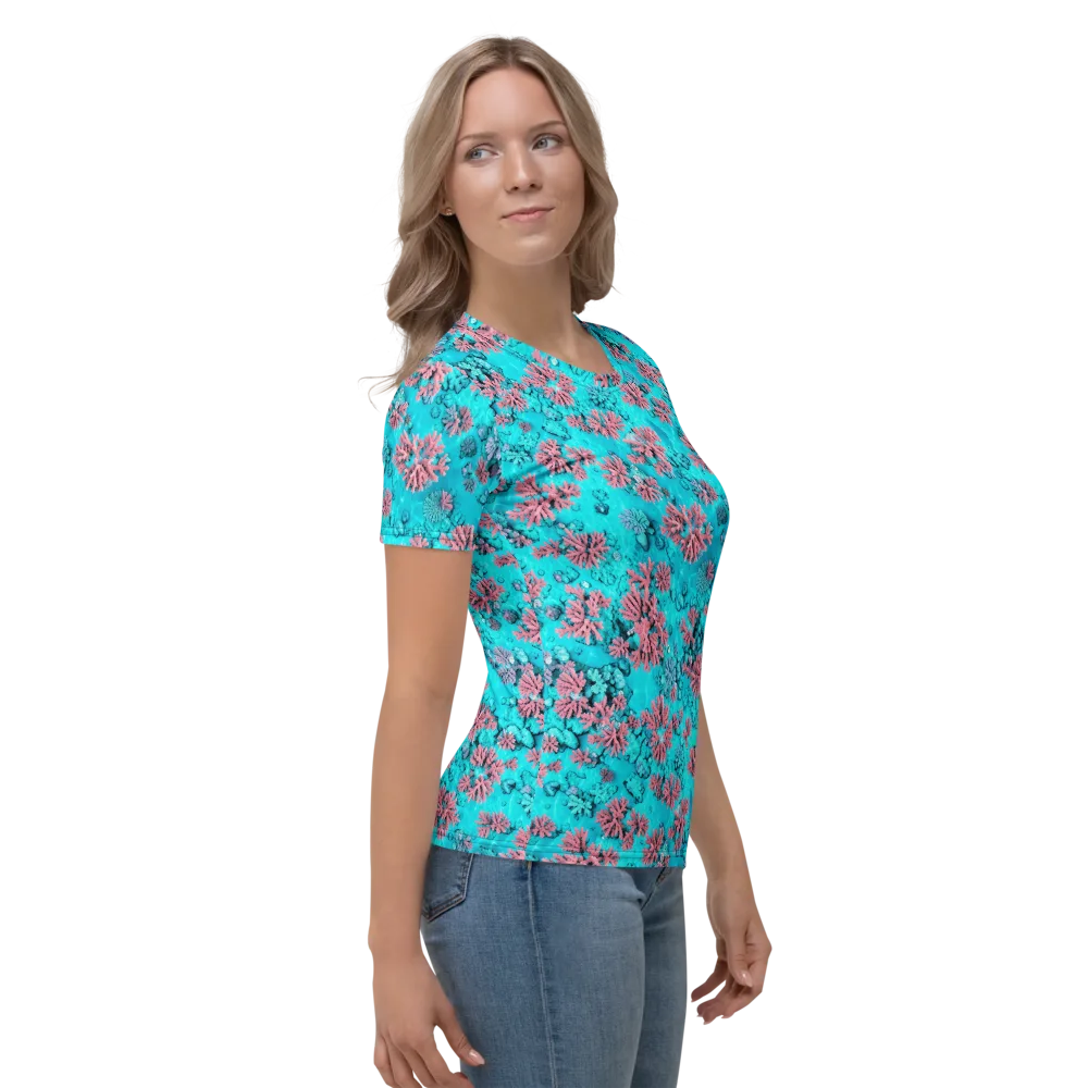 Aqua Bloom on Women's Crew Neck T-Shirt — Right