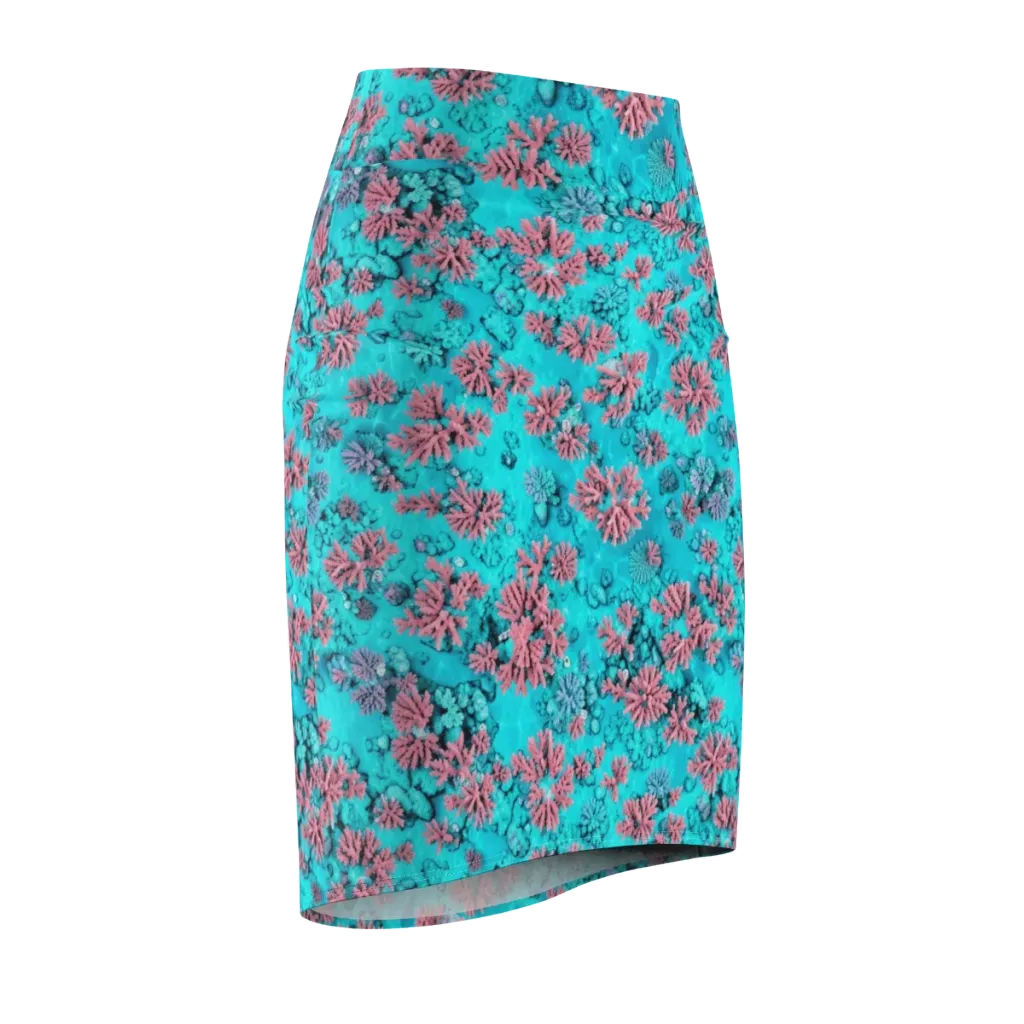 Aqua Bloom on Pencil Skirt — Front Side