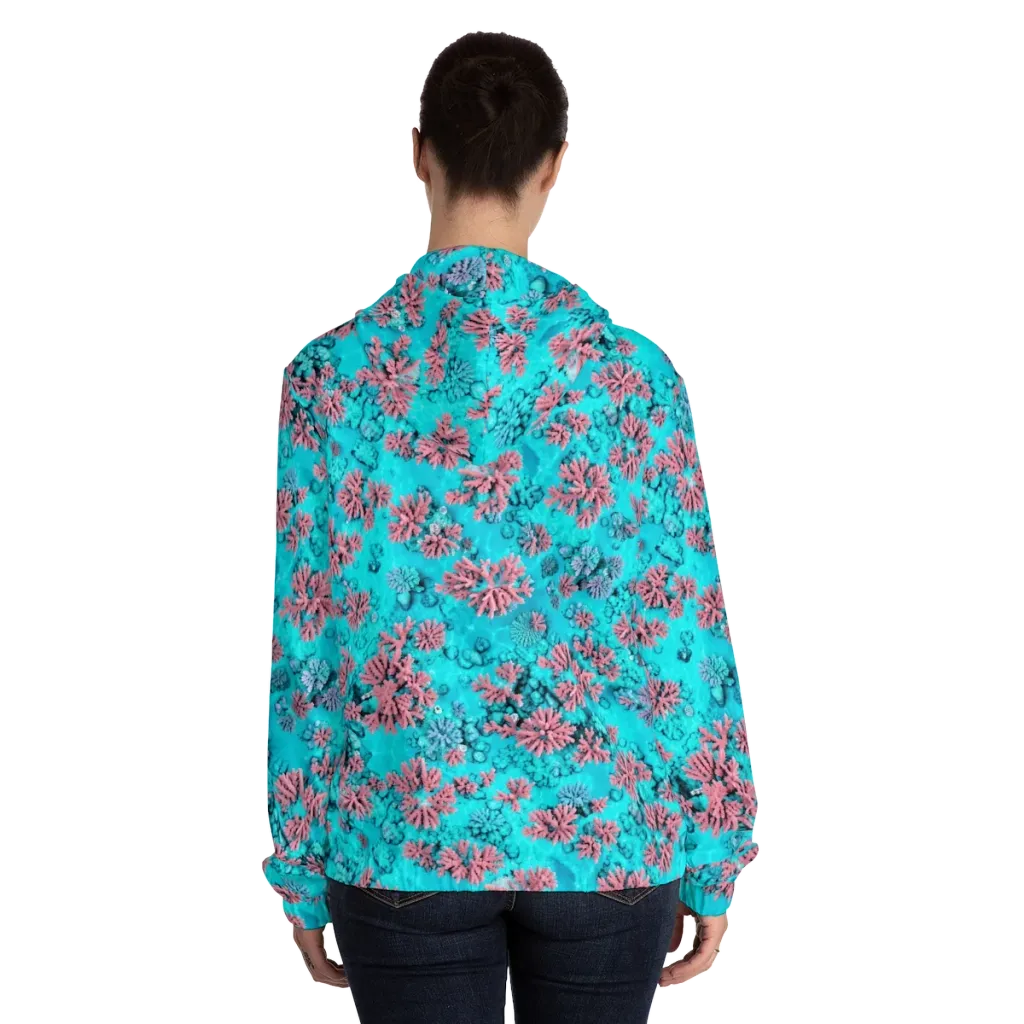 Aqua Bloom on Women's Full-Zip Hoodie — Back On Person