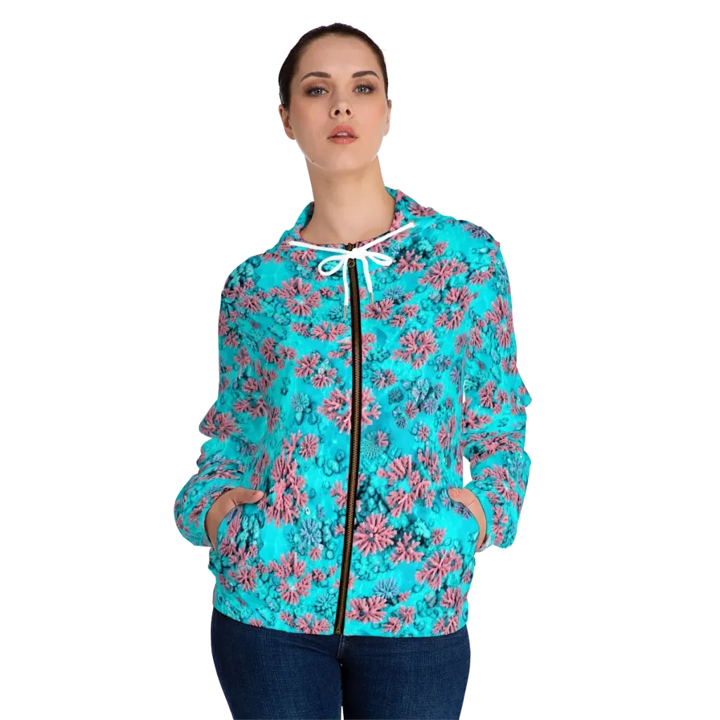 Aqua Bloom on Women's Full-Zip Hoodie — Front On Person