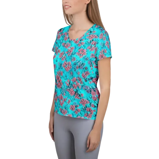Aqua Bloom on a Women's Athletic T-Shirt