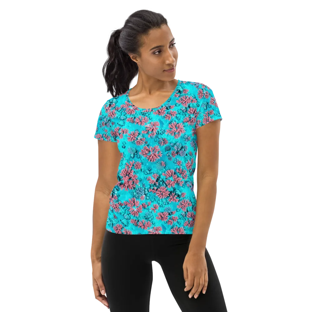 Aqua Bloom on Women's Athletic T-Shirt — Front