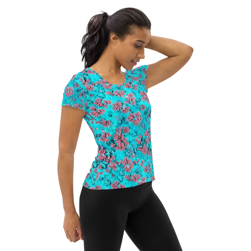 Aqua Bloom on Women's Athletic T-Shirt — Right