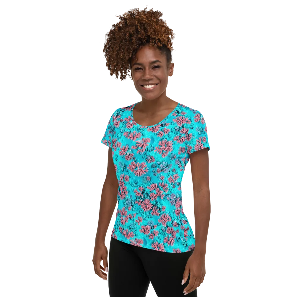 Aqua Bloom on Women's Athletic T-Shirt — Left