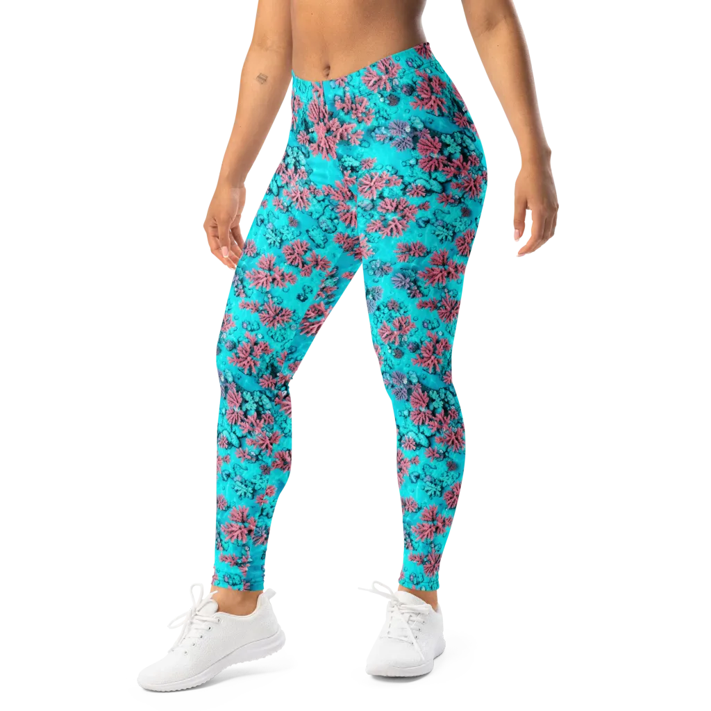 Aqua Bloom on Leggings — Left Front