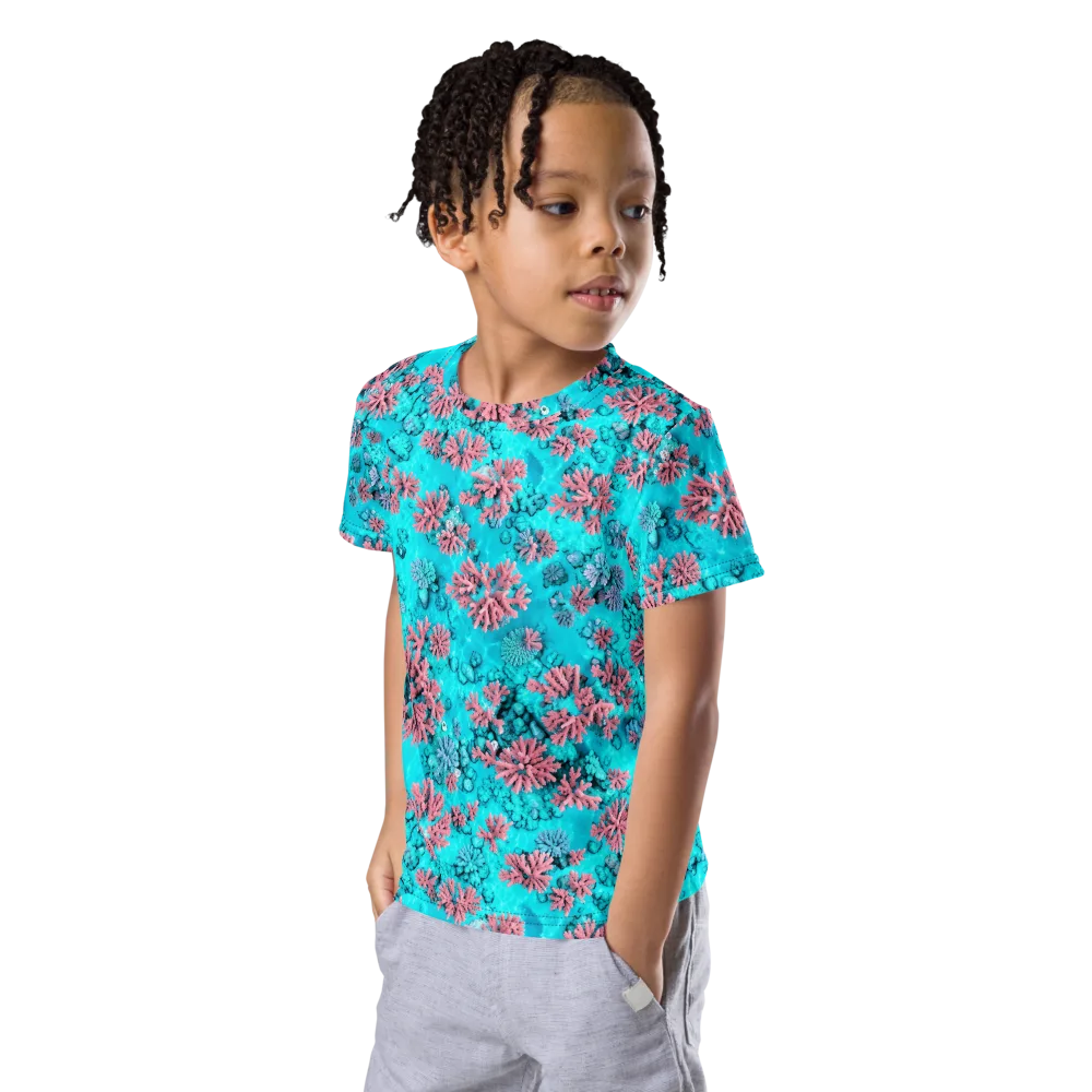 Aqua Bloom on Kids Crew Neck T-Shirt — Left Front