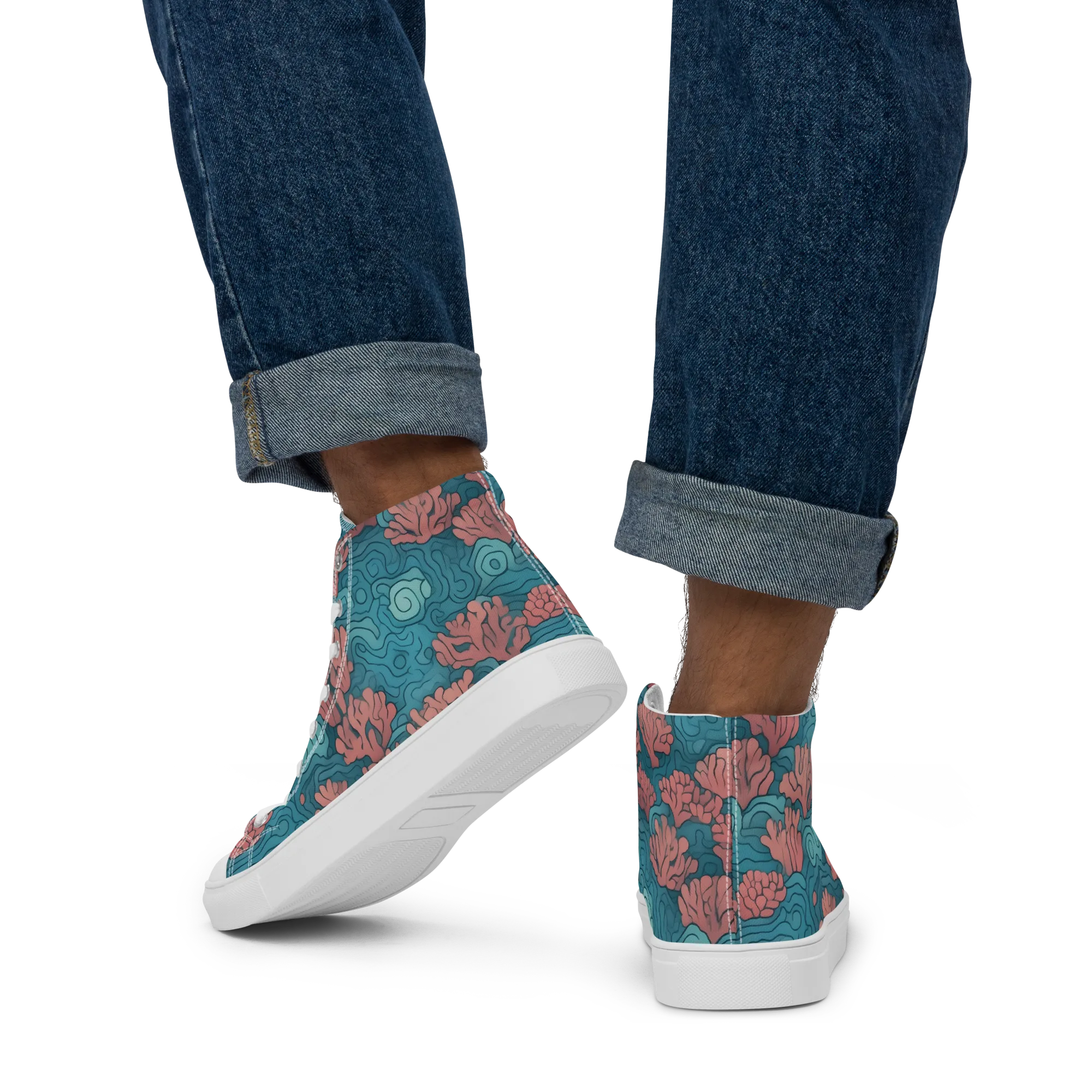 Pink Reef on Men's High Top Canvas Shoes — Back