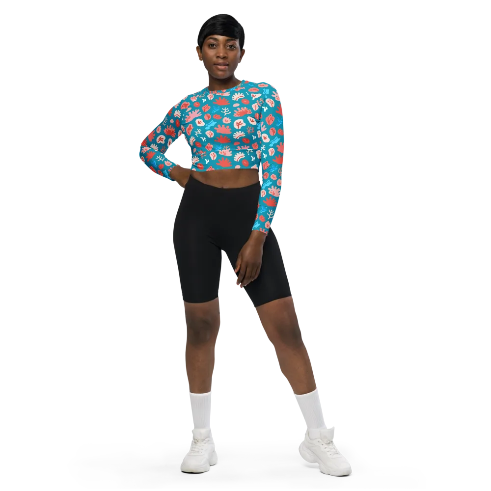 Teal Tidepool on Long Sleeve Crop Top — Front