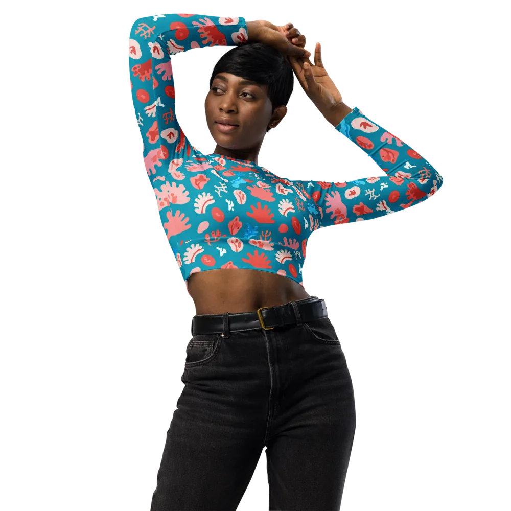 Teal Tidepool on Long Sleeve Crop Top — Front