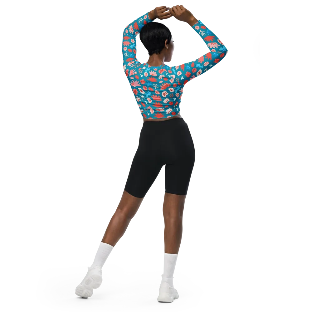 Teal Tidepool on Long Sleeve Crop Top — Back