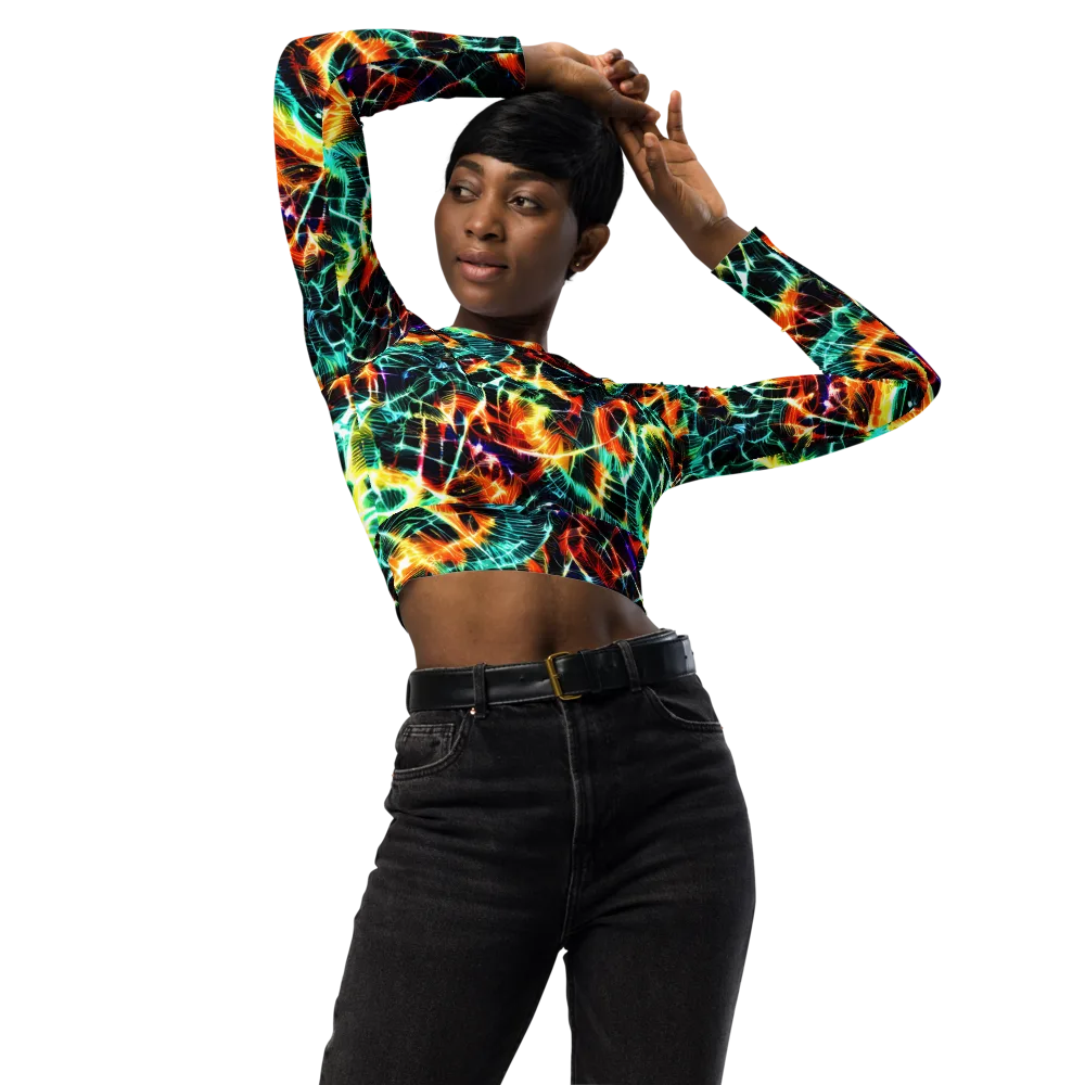 Afterdark Feathers on Long Sleeve Crop Top — Front