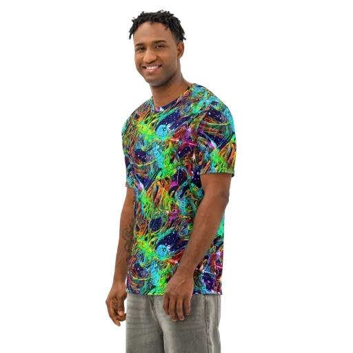 Neon Mythos on a Men's Cotton Crew Neck T-Shirt