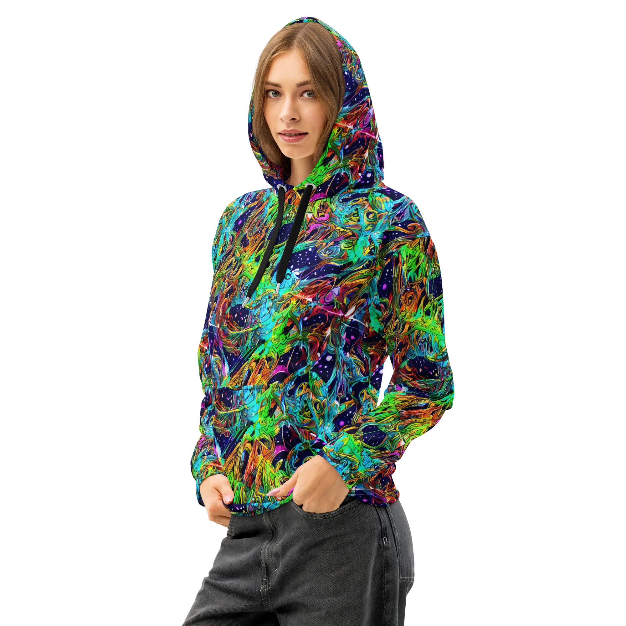 Neon Mythos on Cotton Hoodie — Left Front