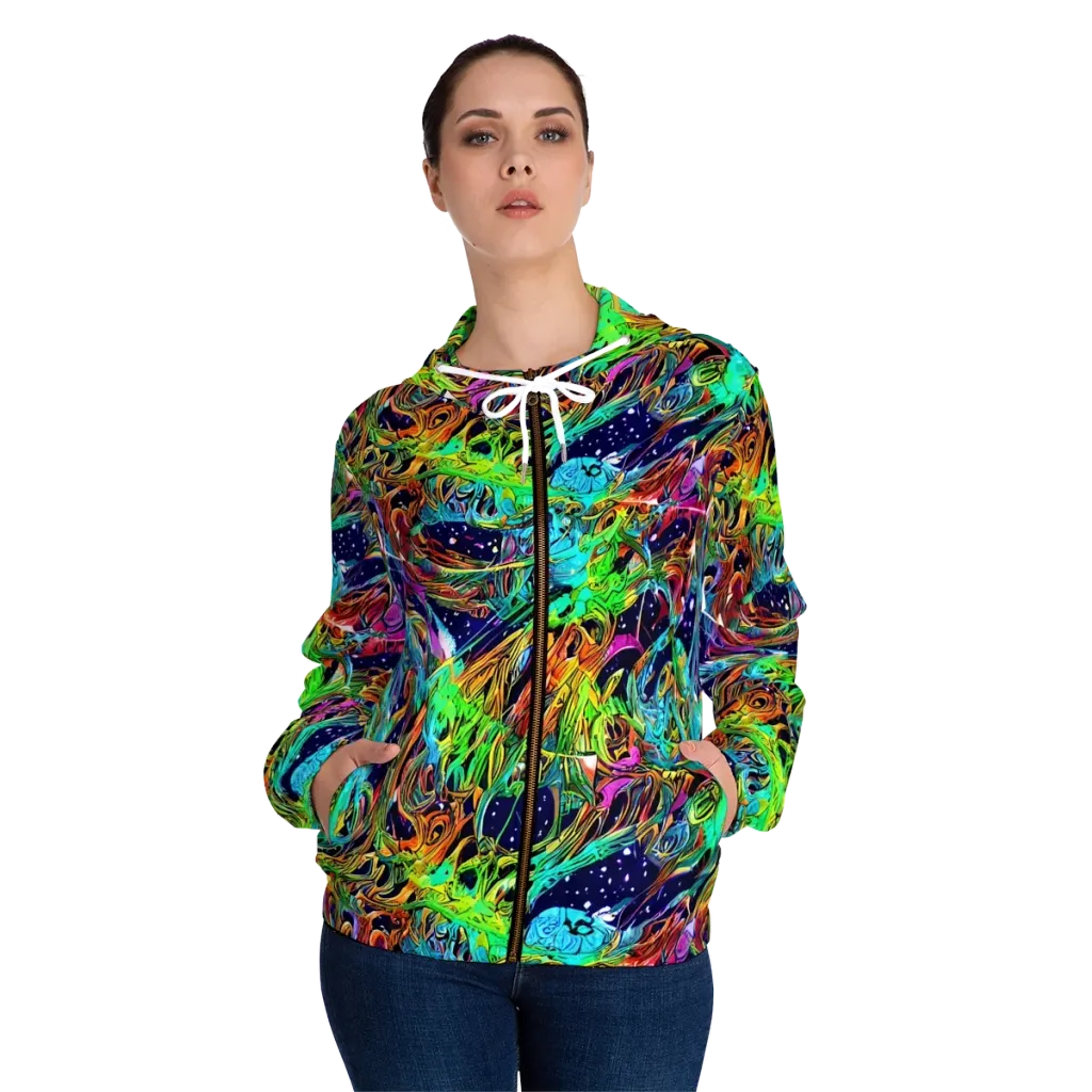 Neon Mythos on Women's Full-Zip Hoodie — Front On Person