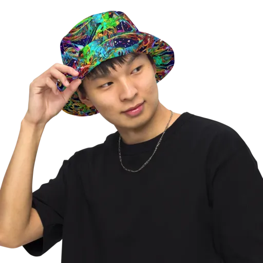 Neon Mythos on a Reversible Bucket Hat