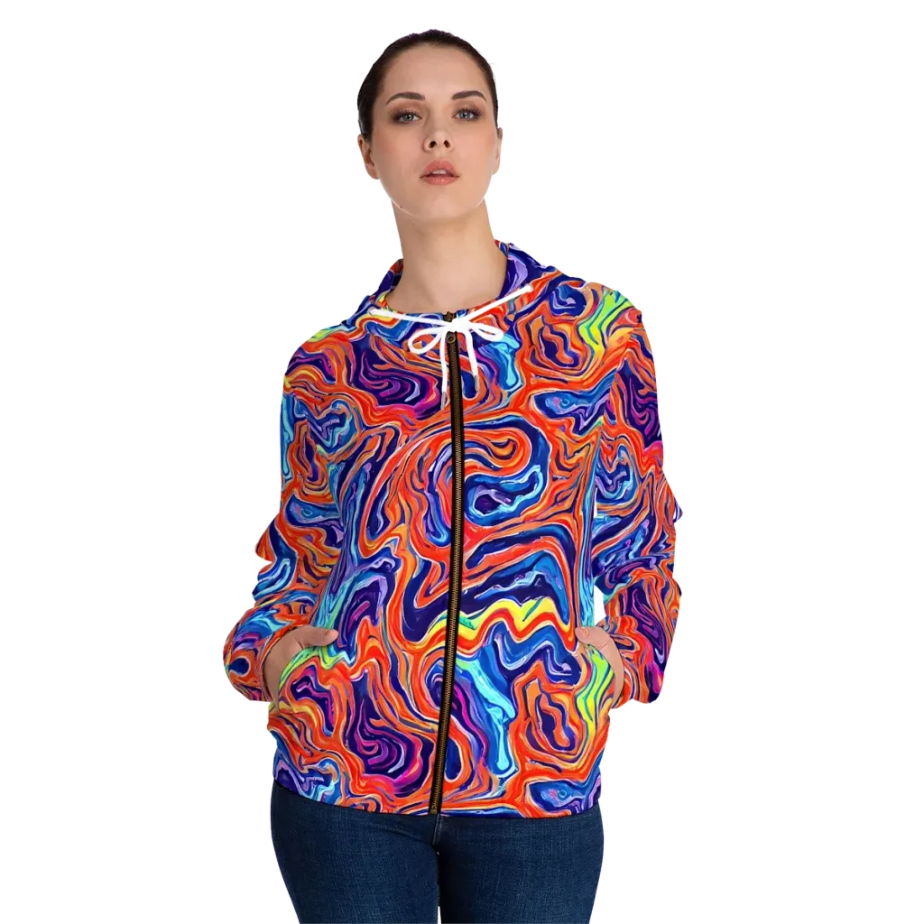 Neon Marbling on Women's Full-Zip Hoodie — Front On Person