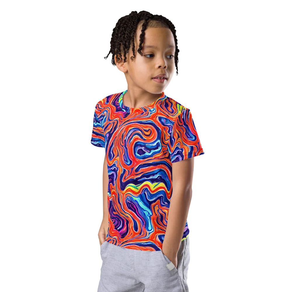 Neon Marbling on Kids Crew Neck T-Shirt — Left Front